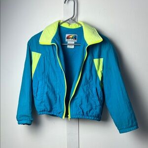 Vintage 90s Kids Cyan Blue and Neon Green Yellow Windbreaker Jacket